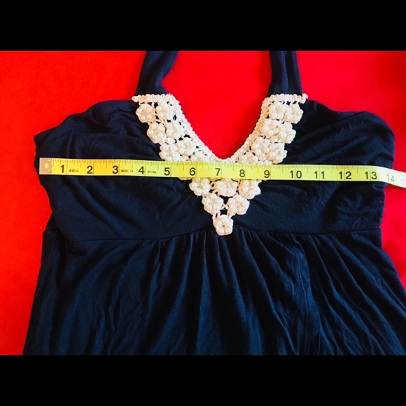 Elegant Navy Blue Halter Top with Pearl Beading - Picture 6 of 7